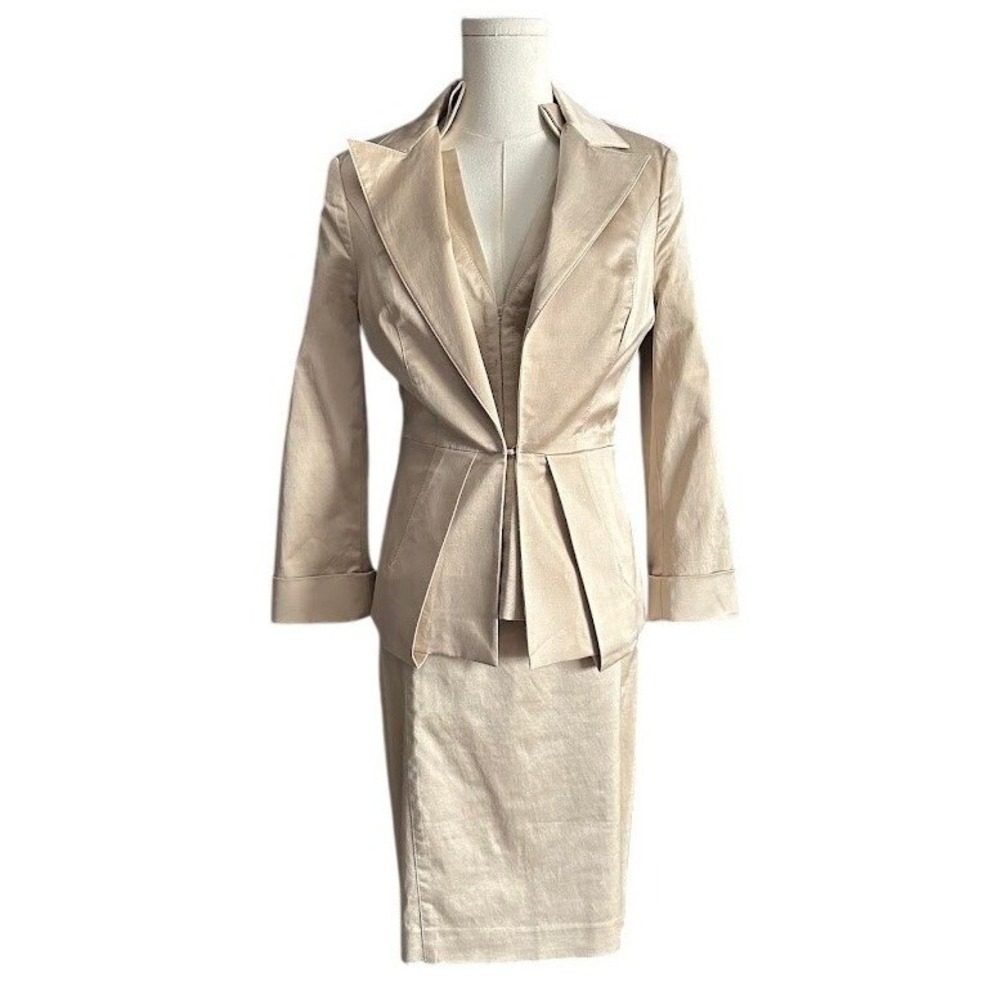VINTAGE Y2K Bebe 3pc Skirt Suit‎ Set Gold Corset Vest Peplum Blazer Skirt 8 10